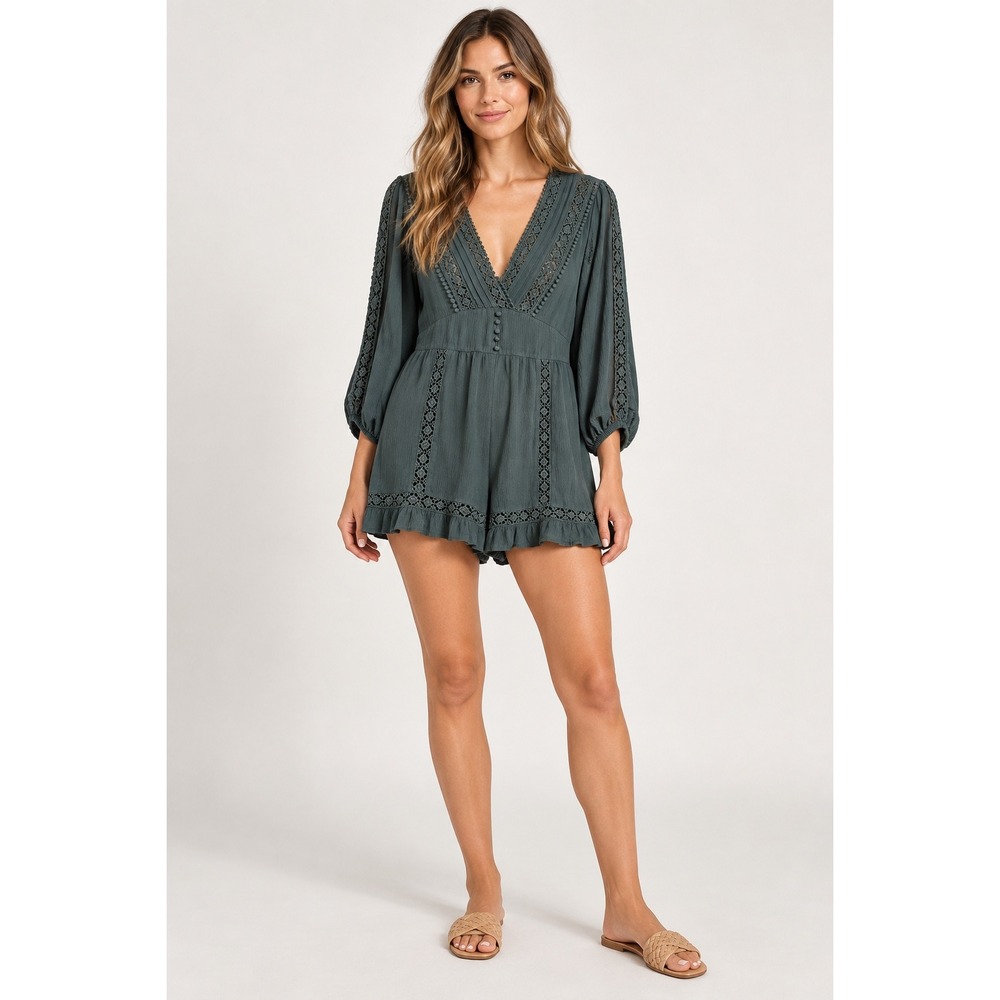 American Eagle Green Lace Trim Long Sleeve Boho Ruffle Romper Size M